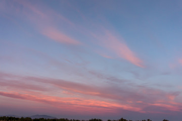 Sunrise Sundown Sanset Sky with colorful clouds, without birds, clear and worm evening