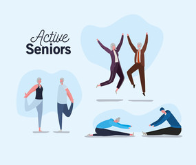 Set of active seniors woman and man cartoons jumping and doing yoga design, Activity theme Vector illustration