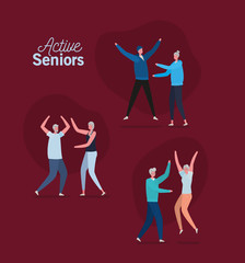 Set of active seniors woman and man cartoons on red background design, Activity theme Vector illustration