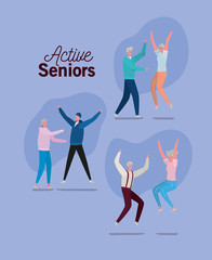 Set of active seniors woman and man cartoons on purple background design, Activity theme Vector illustration