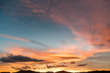 Sunrise Sundown Sanset Sky with colorful clouds, without birds, clear and worm evening