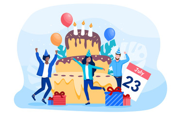 Birthday celebration with party guests, a large cake and gifts with calendar date, colored vector illustration