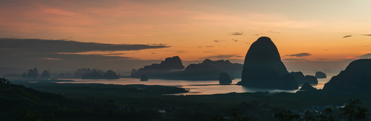 Wide panorama beautiful nature scenic landscape Samet Nangshe Phang-Nga bay at sunrise, Panoramic view from hilltop, Attraction famous place tourist travel Phuket Thailand, Tourism destinations Asia