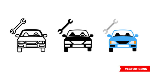 Car repair icon of 3 types color, black and white, outline. Isolated vector sign symbol.