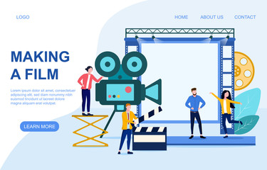 Web page template for Movie Creation or cinemaphotography showing the shooting of an act on set, colored vector illustration