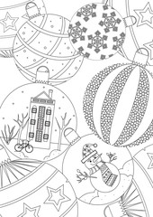 Coloring page with set of christmas balls top view, outline vector stock illustration as antistress coloring book with snowman, star, snowflake, house