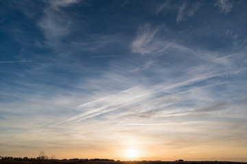 Sunrise Sundown Sanset Sky with colorful clouds, without birds, clear and worm evening
