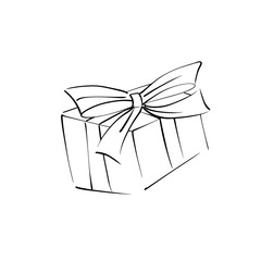 Vector illustration of a black contour drawing of a New Year is gift with a bow in a minimalistic Scandinavian style. Drawn by hand.