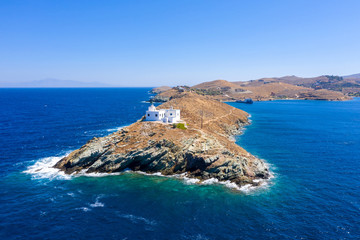 Aerial view of Kea Tzia island lighthouse, Cyclades, Greece.