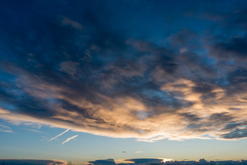 Sunrise Sundown Sanset Sky with colorful clouds, without birds, clear and worm evening