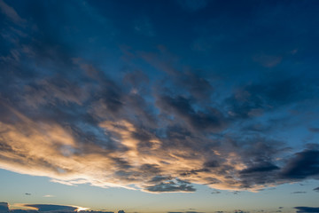 Sunrise Sundown Sanset Sky with colorful clouds, without birds, clear and worm evening