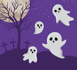 Halloween ghosts cartoons in front of cemetery design, Holiday and scary theme Vector illustration