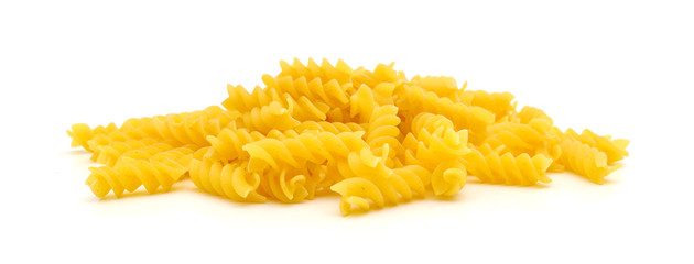 A portion of Rotini corkscrew pasta isolated on white.