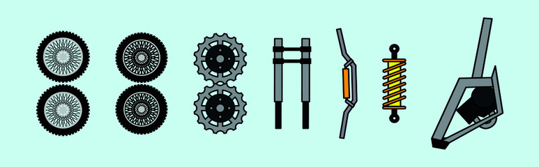 set of motorcycle parts with wheels cartoon icon design template with various models. vector illustration