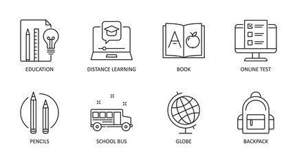 Back to school icons. Vector editable stroke icon. Education online test distance learning book. School bus globe pencils