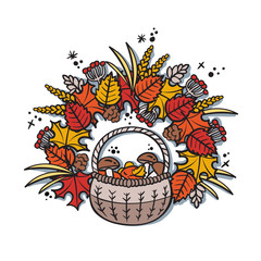 Isolated colorful elements on the theme of autumn and season on white background. Cartoon leaves, berries and mushrooms