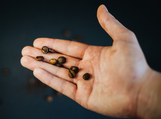 Coffee beans in man heand with blured background