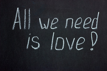 
Writing in white chalk on a dark blackboard all we need is love. Life-affirming phrase