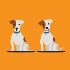 Cute flat vector small dog character design on jack russell terrier sitting with closed and open mouth, wearing blue collar. Ideal for pets themed graphic and wed design