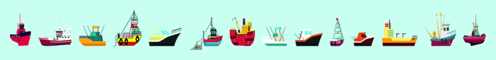 set of fishing boats cartoon icon design template with various models. vector illustration