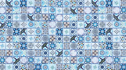 Colorful abstract blue white vintage retro geometric square mosaic motif tiles texture background