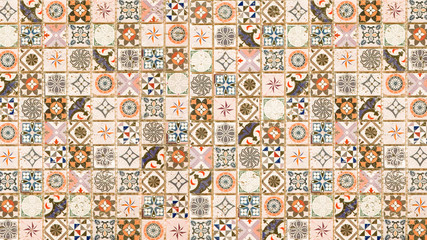 Fototapeta na wymiar Colorful abstract vintage retro geometric square mosaic motif tiles texture background banner panorama