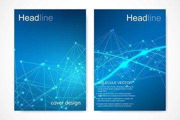 Scientific brochure design template. Vector flyer layout, Molecular structure with connected lines and dots. Scientific pattern atom DNA with elements for magazine, leaflet, cover, poster design.