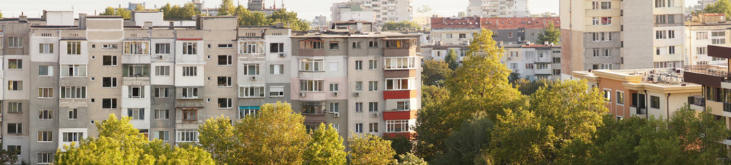 fragment of the facade of multi-storey residential buildings, panoramic photo