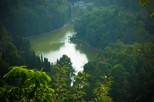 Aerial view of man-made Aritar Lake in the middle of a forest of nature from the Himalayan mountains of East Sikkim, India