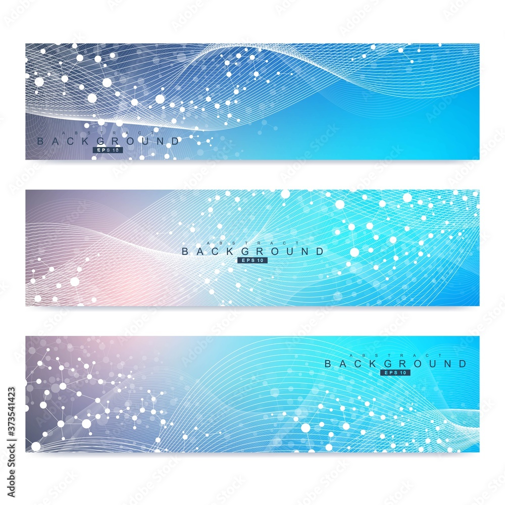 Poster scientific set of modern vector banners. dna molecule structure with connected lines and dots. scien