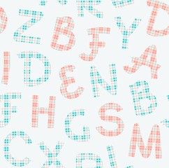 Letters pink, checkered, English alphabet, seamless pattern, gray. Capital letters in pink and blue checkered on a gray field. Vector.  