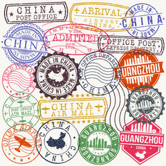 Guangzhou China. Stamp. Vector Art. Postal Passport. Travel Design Set. Postage.