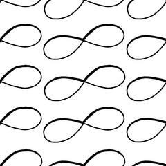 Background with signs of infinity. Hand-drawn black and white image isolated on white background. Infinity. Idea for wallpapers, trendy textiles, stylish packaging.