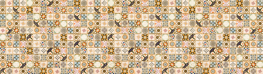 Brown beige vintage retro geometric square mosaic motif tiles texture wide background banner panorama
