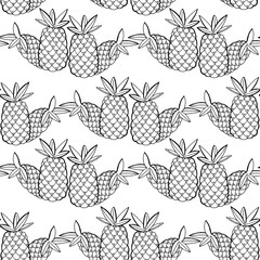 Pineapples seamless pattern. Hand-drawn graphical black and white image isolated on white background. Idea for wallpaper, packaging, business.