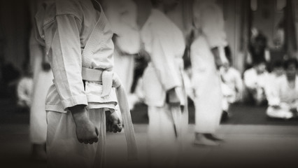 Young karate fighters stand in a row on the tatami. Black and white photo for websites and...