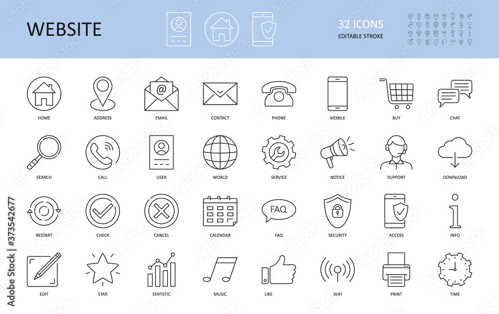 Wall mural website icons. vector editable stroke icon. home email address world info call search user service. 