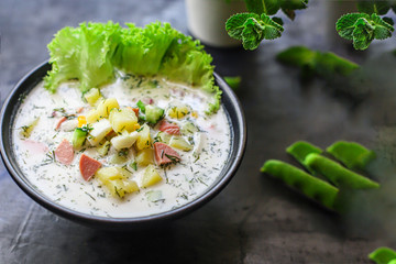 vegetables soup cold raw greens okroshka food background top view copy space for text healthy eating  keto or paleo diet 