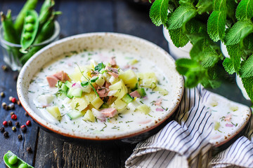 vegetables soup cold raw greens okroshka food background top view copy space for text healthy eating  keto or paleo diet 