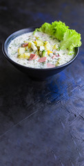 vegetables soup cold raw greens okroshka food background top view copy space for text healthy eating  keto or paleo diet 