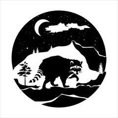 Decorative raccoon with nature, night rocky mountain landscape star and moon.Isolated vintage vector illustration.Tattoo, travel, adventure, symbol of wild nature.Natural spaces.Ecology. © Iryna