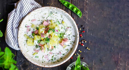 vegetables soup cold raw greens okroshka food background top view copy space for text healthy eating  keto or paleo diet 