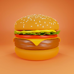 Hamburger on an orange background, 3d rendering - 373544258