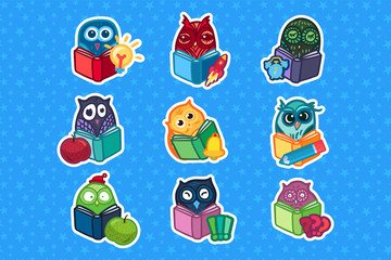 Set of cute owls reading books. School concept