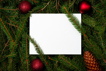 Christmas background with decorations and white space for text. Holiday concept.