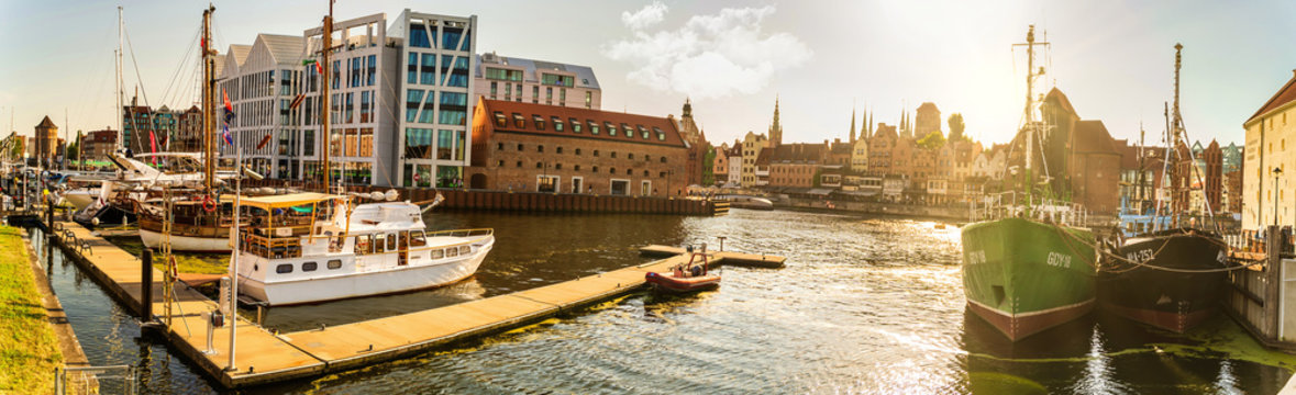Gdansk, North Poland : Sunset Panoramic view of Summer around motlawa river adjacent to beautiful Polish architecture near baltic sea and boats docked