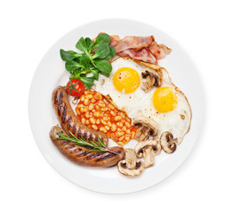 English breakfast. Fried eggs, sausages, bacon