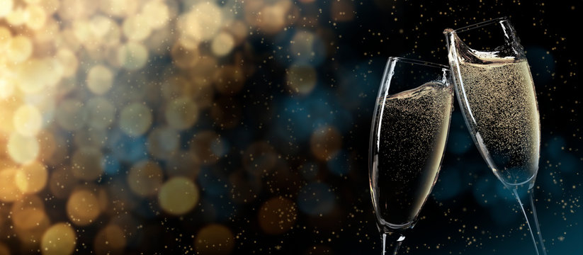 Christmas and New Year greeting card with champagne