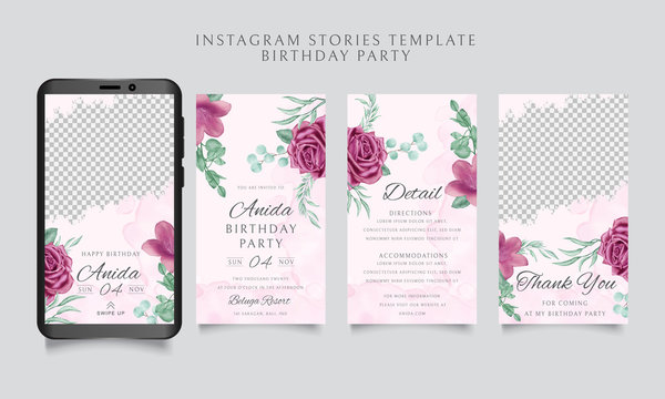 Happy birthday instagram stories template with watercolor floral background