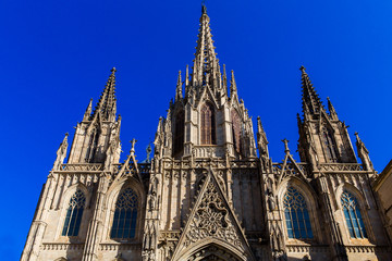 Fototapeta na wymiar Barcelona, Catalonia, Europe, Spain, September 22, 2019. Details of the exterior Cathedral Holy Cross and Saint Eulalia. Was constructed from the 13th to 15th centuries in Gothic Quarter in Barcelona